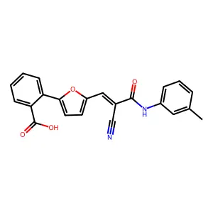 2-[5-[(Z)-2-cyano-3-(3-methylanilino)-3-oxoprop-1-enyl]furan-2-yl]benzoic acid structure