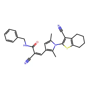 (Z)-N-benzyl-2-cyano-3-[1-(3-cyano-4,5,6,7-tetrahydro-1-benzothiophen-2-yl)-2,5-dimethylpyrrol-3-yl]prop-2-enamide structure