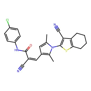 (Z)-N-(4-chlorophenyl)-2-cyano-3-[1-(3-cyano-4,5,6,7-tetrahydro-1-benzothiophen-2-yl)-2,5-dimethylpyrrol-3-yl]prop-2-enamide structure