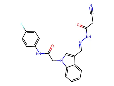 2-cyano-N-[(E)-[1-[2-(4-fluoroanilino)-2-oxoethyl]indol-3-yl]methylideneamino]acetamide structure