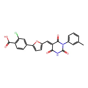 2-chloro-4-[5-[(Z)-[1-(3-methylphenyl)-2,4,6-trioxo-1,3-diazinan-5-ylidene]methyl]furan-2-yl]benzoic acid structure
