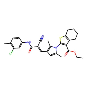 ethyl 2-(3-{(1E)-3-[(3-chloro-4-methylphenyl)amino]-2-cyano-3-oxoprop-1-en-1-yl}-2,5-dimethyl-1H-pyrrol-1-yl)-4,5,6,7-tetrahydro-1-benzothiophene-3-carboxylate structure