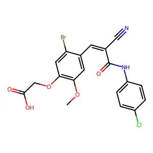 (5-bromo-4-{(1Z)-3-[(4-chlorophenyl)amino]-2-cyano-3-oxoprop-1-en-1-yl}-2-methoxyphenoxy)acetic acid structure