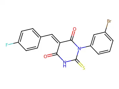 (5E)-1-(3-bromophenyl)-5-(4-fluorobenzylidene)-2-thioxodihydropyrimidine-4,6(1H,5H)-dione structure