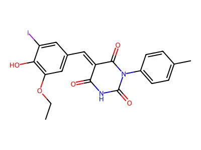 (5E)-5-(3-ethoxy-4-hydroxy-5-iodobenzylidene)-1-(4-methylphenyl)pyrimidine-2,4,6(1H,3H,5H)-trione structure