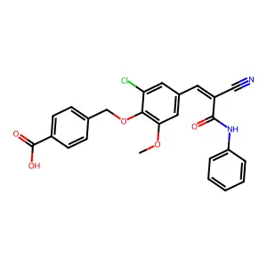 (Z)-4-((2-chloro-4-(2-cyano-3-oxo-3-(phenylamino)prop-1-en-1-yl)-6-methoxyphenoxy)methyl)benzoic acid structure