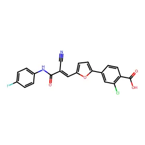 2-chloro-4-[5-[(Z)-2-cyano-3-(4-fluoroanilino)-3-oxoprop-1-enyl]furan-2-yl]benzoic acid structure