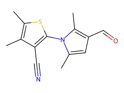 2-(3-formyl-2,5-dimethyl-1H-pyrrol-1-yl)-4,5-dimethylthiophene-3-carbonitrile structure
