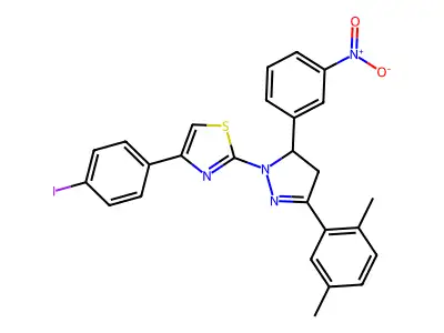 2-(3-(2,5-dimethylphenyl)-5-{3-nitrophenyl}-4,5-dihydro-1H-pyrazol-1-yl)-4-(4-iodophenyl)-1,3-thiazole structure