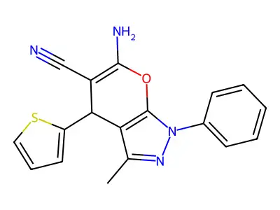 6-amino-3-methyl-1-phenyl-4-(thiophen-2-yl)-1,4-dihydropyrano[2,3-c]pyrazole-5-carbonitrile structure