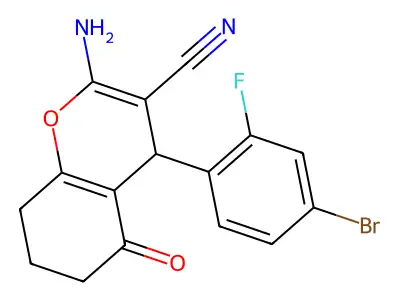 2-amino-4-(4-bromo-2-fluorophenyl)-5-oxo-5,6,7,8-tetrahydro-4H-chromene-3-carbonitrile structure