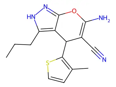 6-amino-4-(3-methylthiophen-2-yl)-3-propyl-2,4-dihydropyrano[2,3-c]pyrazole-5-carbonitrile structure