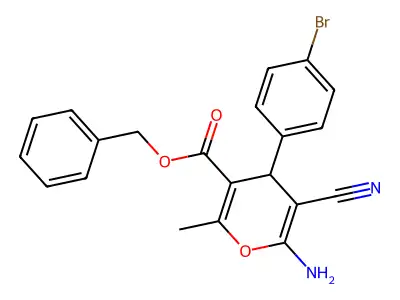 benzyl 6-amino-4-(4-bromophenyl)-5-cyano-2-methyl-4H-pyran-3-carboxylate structure