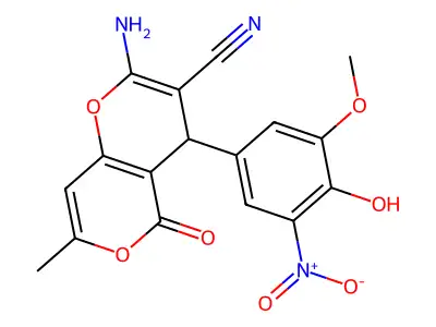 2-amino-4-(4-hydroxy-3-methoxy-5-nitrophenyl)-7-methyl-5-oxo-4H,5H-pyrano[4,3-b]pyran-3-carbonitrile structure