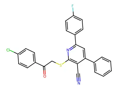 2-[2-(4-chlorophenyl)-2-oxoethyl]sulfanyl-6-(4-fluorophenyl)-4-phenylpyridine-3-carbonitrile structure
