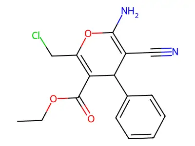 ethyl 6-amino-2-(chloromethyl)-5-cyano-4-phenyl-4H-pyran-3-carboxylate structure