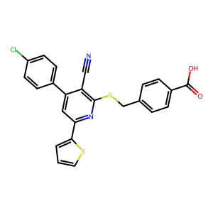 4-({[4-(4-chlorophenyl)-3-cyano-6-(thiophen-2-yl)pyridin-2-yl]sulfanyl}methyl)benzoic acid structure