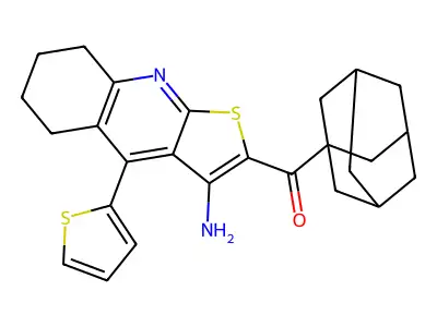 1-adamantyl-(3-amino-4-thiophen-2-yl-5,6,7,8-tetrahydrothieno[2,3-b]quinolin-2-yl)methanone structure