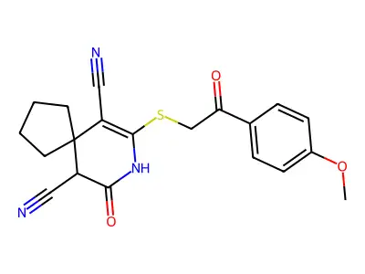 7-{[2-(4-methoxyphenyl)-2-oxoethyl]sulfanyl}-9-oxo-8-azaspiro[4.5]dec-6-ene-6,10-dicarbonitrile structure