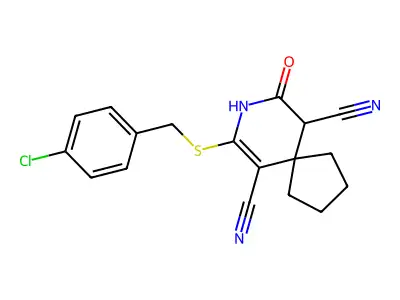 7-[(4-chlorobenzyl)sulfanyl]-9-oxo-8-azaspiro[4.5]dec-6-ene-6,10-dicarbonitrile structure