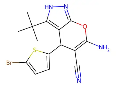 6-amino-4-(5-bromothiophen-2-yl)-3-tert-butyl-2,4-dihydropyrano[2,3-c]pyrazole-5-carbonitrile structure
