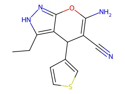 6-Amino-3-ethyl-4-thiophen-3-yl-2,4-dihydropyrano[2,3-c]pyrazole-5-carbonitrile structure