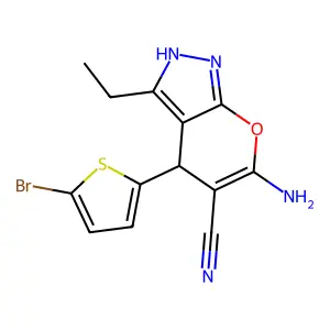 6-amino-4-(5-bromothiophen-2-yl)-3-ethyl-2,4-dihydropyrano[2,3-c]pyrazole-5-carbonitrile structure