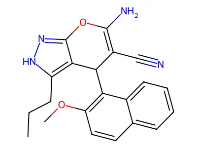 6-amino-4-(2-methoxynaphthalen-1-yl)-3-propyl-2,4-dihydropyrano[2,3-c]pyrazole-5-carbonitrile structure