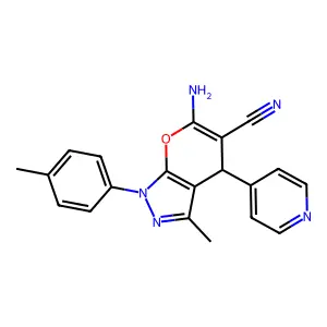 6-amino-3-methyl-1-(4-methylphenyl)-4-(pyridin-4-yl)-1H,4H-pyrano[2,3-c]pyrazole-5-carbonitrile structure
