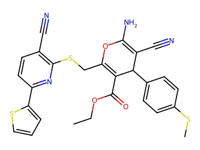 ethyl 6-amino-5-cyano-2-[(3-cyano-6-thiophen-2-ylpyridin-2-yl)sulfanylmethyl]-4-(4-methylsulfanylphenyl)-4H-pyran-3-carboxylate structure