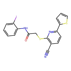 2-(3-cyano-6-thiophen-2-ylpyridin-2-yl)sulfanyl-N-(2-iodophenyl)acetamide structure