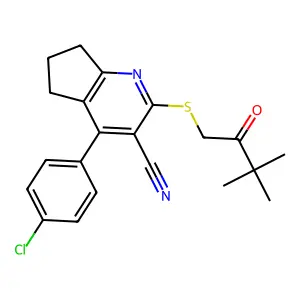 4-(4-chlorophenyl)-2-(3,3-dimethyl-2-oxobutyl)sulfanyl-6,7-dihydro-5H-cyclopenta[b]pyridine-3-carbonitrile structure