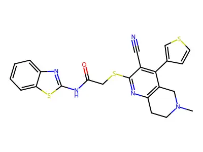 N-(1,3-benzothiazol-2-yl)-2-{[3-cyano-6-methyl-4-(3-thienyl)-5,6,7,8-tetrahydro[1,6]naphthyridin-2-yl]sulfanyl}acetamide structure