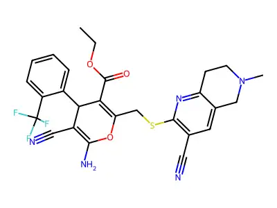 ethyl 6-amino-5-cyano-2-{[(3-cyano-6-methyl-5,6,7,8-tetrahydro-1,6-naphthyridin-2-yl)sulfanyl]methyl}-4-[2-(trifluoromethyl)phenyl]-4H-pyran-3-carboxylate structure