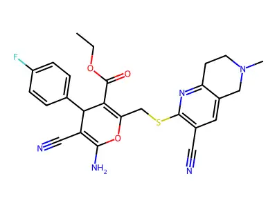 ethyl 6-amino-5-cyano-2-{[(3-cyano-6-methyl-5,6,7,8-tetrahydro-1,6-naphthyridin-2-yl)sulfanyl]methyl}-4-(4-fluorophenyl)-4H-pyran-3-carboxylate structure