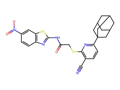 2-{[6-(adamantan-1-yl)-3-cyanopyridin-2-yl]sulfanyl}-N-(6-nitro-1,3-benzothiazol-2-yl)acetamide structure