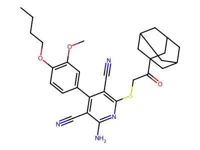 2-{[2-(1-adamantyl)-2-oxoethyl]sulfanyl}-6-amino-4-(4-butoxy-3-methoxyphenyl)-3,5-pyridinedicarbonitrile structure
