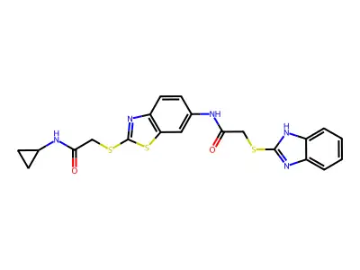 2-(1H-benzimidazol-2-ylsulfanyl)-N-[2-[2-(cyclopropylamino)-2-oxoethyl]sulfanyl-1,3-benzothiazol-6-yl]acetamide structure