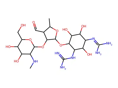 2-[3-(diaminomethylideneamino)-4-[3-[4,5-dihydroxy-6-(hydroxymethyl)-3-(methylamino)oxan-2-yl]oxy-4-formyl-5-methyloxolan-2-yl]oxy-2,5,6-trihydroxycyclohexyl]guanidine structure