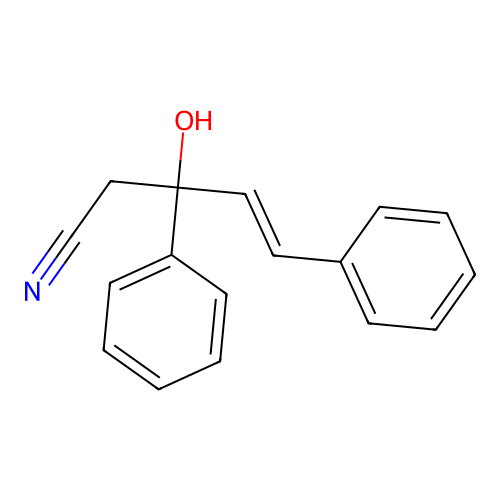 (E)-3-hydroxy-3,5-diphenylpent-4-enenitrile structure