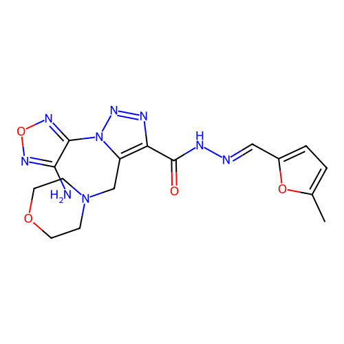 1-(4-amino-1,2,5-oxadiazol-3-yl)-N-[(E)-(5-methylfuran-2-yl)methylideneamino]-5-(morpholin-4-ylmethyl)triazole-4-carboxamide structure