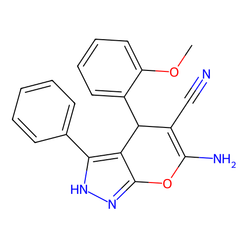 6-amino-4-(2-methoxyphenyl)-3-phenyl-1,4-dihydropyrano[2,3-c]pyrazole-5-carbonitrile structure