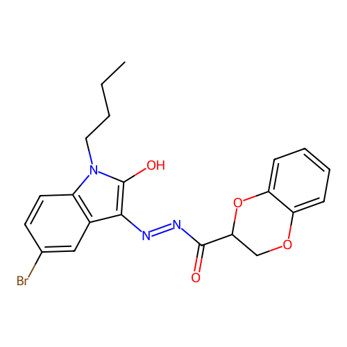 (E)-N'-(5-bromo-1-butyl-2-oxoindolin-3-ylidene)-2,3-dihydrobenzo[b][1,4]dioxine-2-carbohydrazide structure