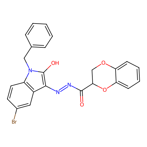 (E)-N'-(1-benzyl-5-bromo-2-oxoindolin-3-ylidene)-2,3-dihydrobenzo[b][1,4]dioxine-2-carbohydrazide structure