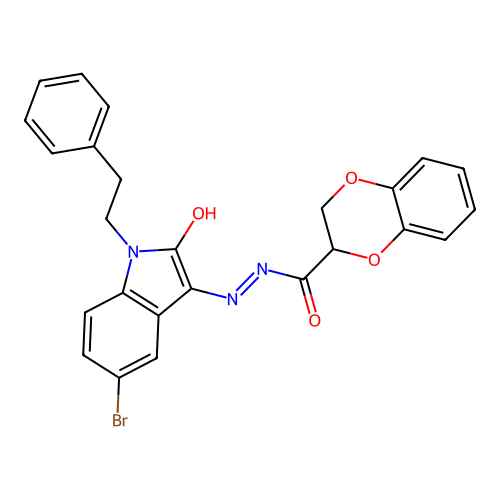 (E)-N'-(5-bromo-2-oxo-1-phenethylindolin-3-ylidene)-2,3-dihydrobenzo[b][1,4]dioxine-2-carbohydrazide structure