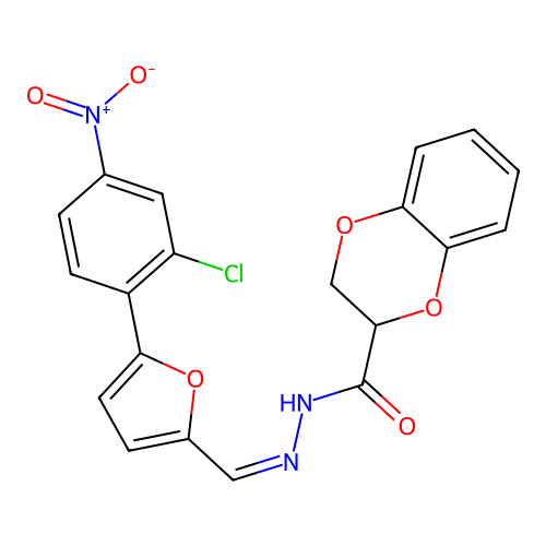 (Z)-N'-((5-(2-chloro-4-nitrophenyl)furan-2-yl)methylene)-2,3-dihydrobenzo[b][1,4]dioxine-2-carbohydrazide structure