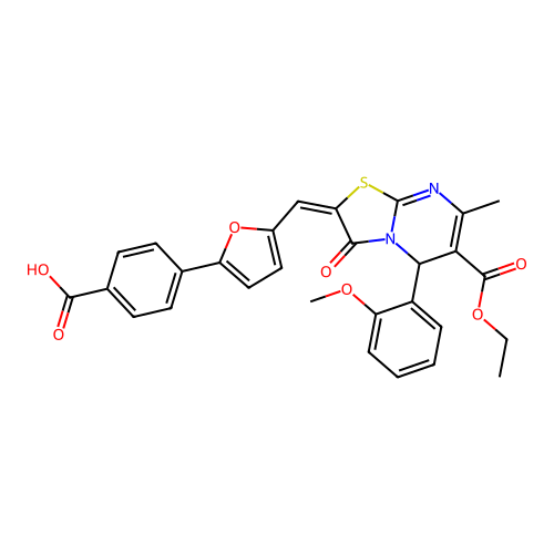 (E)-4-(5-((6-(ethoxycarbonyl)-5-(2-methoxyphenyl)-7-methyl-3-oxo-3,5-dihydro-2H-thiazolo[3,2-a]pyrimidin-2-ylidene)methyl)furan-2-yl)benzoic acid structure