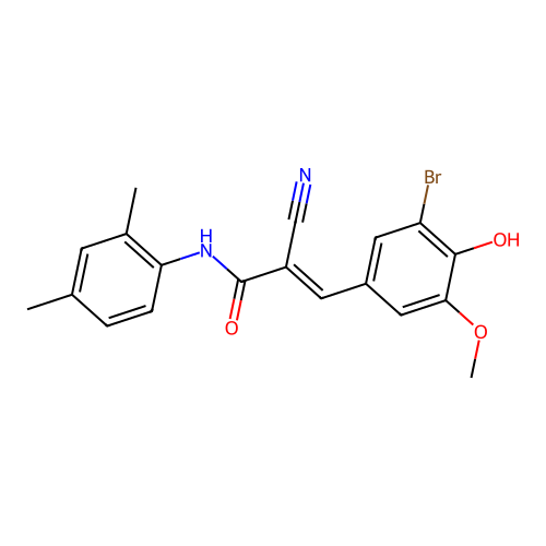 (E)-3-(3-bromo-4-hydroxy-5-methoxyphenyl)-2-cyano-N-(2,4-dimethylphenyl)prop-2-enamide structure