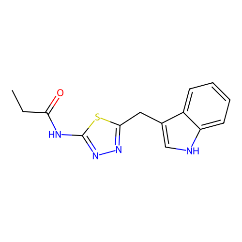 N-[(2Z)-5-(1H-indol-3-ylmethyl)-1,3,4-thiadiazol-2(3H)-ylidene]propanamide structure