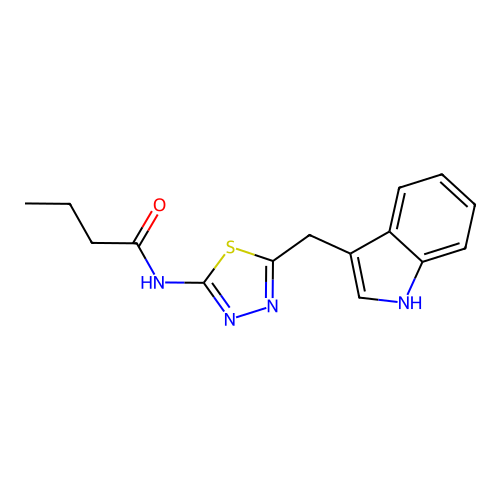 N-[(2Z)-5-(1H-indol-3-ylmethyl)-1,3,4-thiadiazol-2(3H)-ylidene]butanamide structure